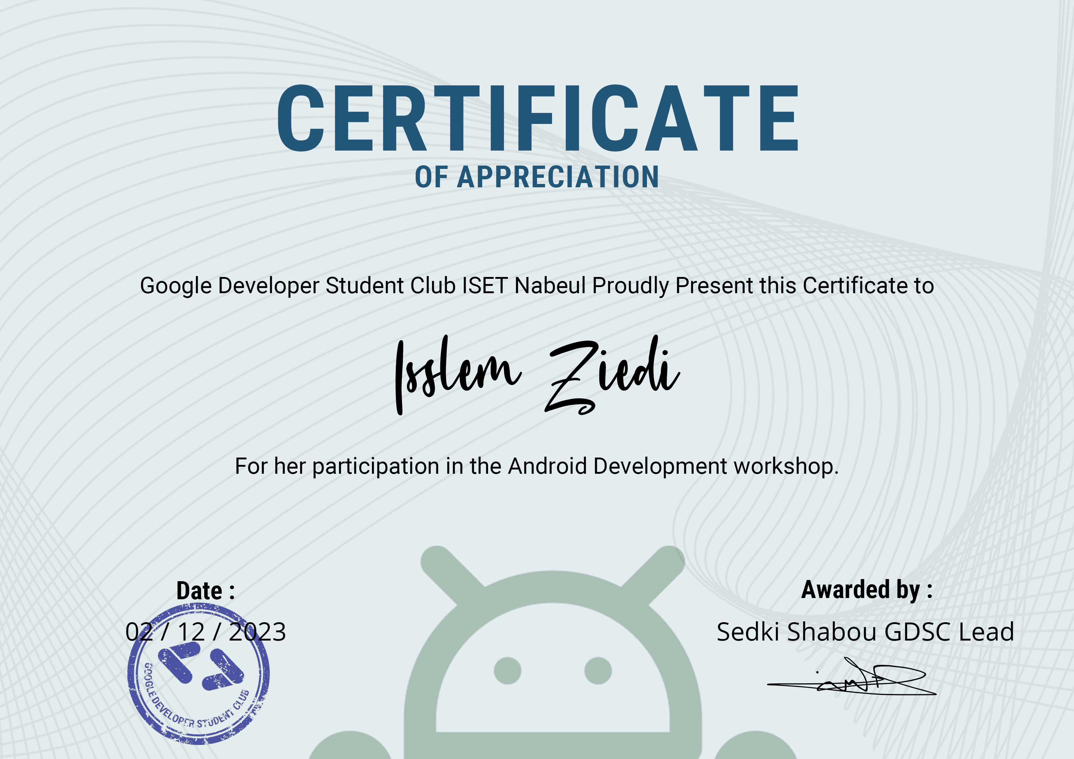 Certificate of Appreciation of Android Workshop